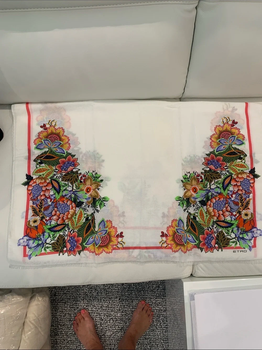 ETROFloral Border White Scarf with Multicolor Bouquet. Worn once. 30”x78” SILK